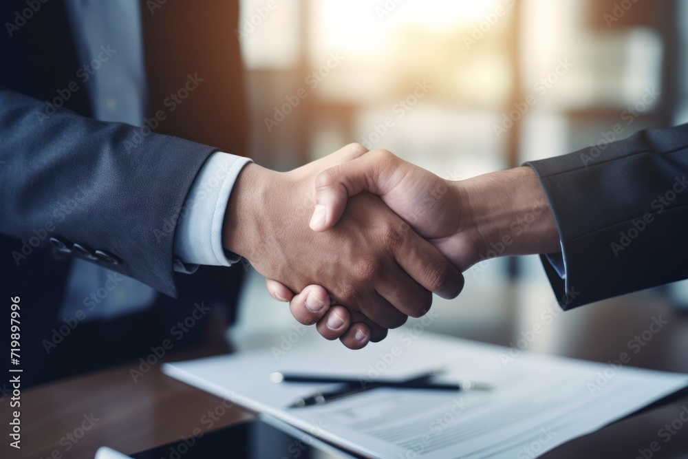 Top view hands of agent and client shaking hands after signed contract buy new apartment. 