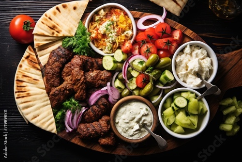 Top-down view Greek food background. Meze, gyros, souvlaki, fish, pita, greek salad, 