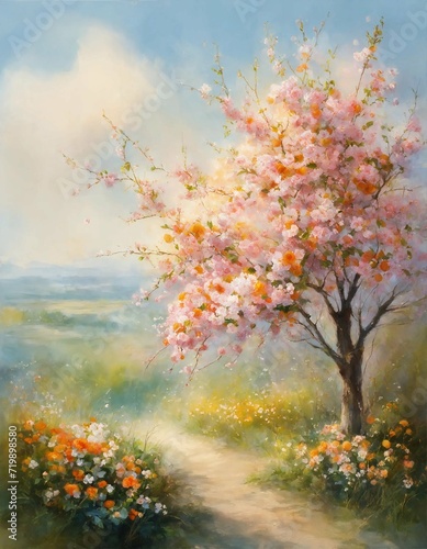 delicate drawing of blossoming pink apricot tree on a blurred background of blue sky and greenery on a sunny day