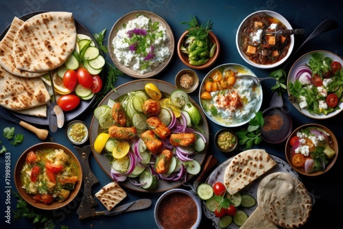Top-down view Greek food background. Meze, gyros, souvlaki, fish, pita, greek salad,  photo