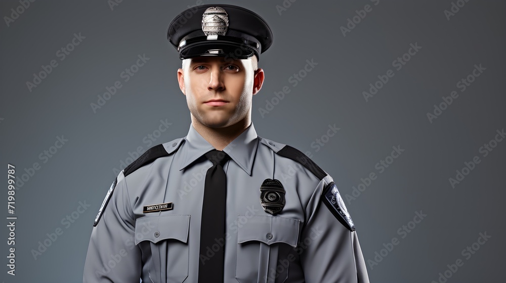 A police officer in uniform, isolated on a muted light grey A police officer in uniform, isolated on a muted light grey