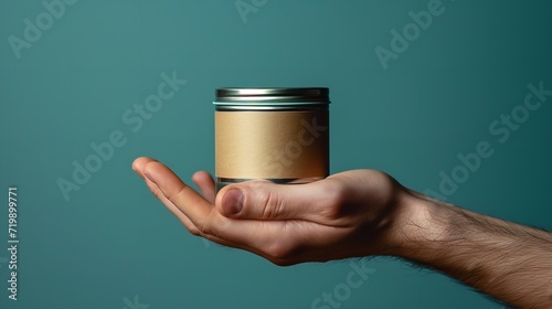 A hand holding a small tin container in hand against a green backdrop, mini container mockup with big copy space, Generative AI. photo