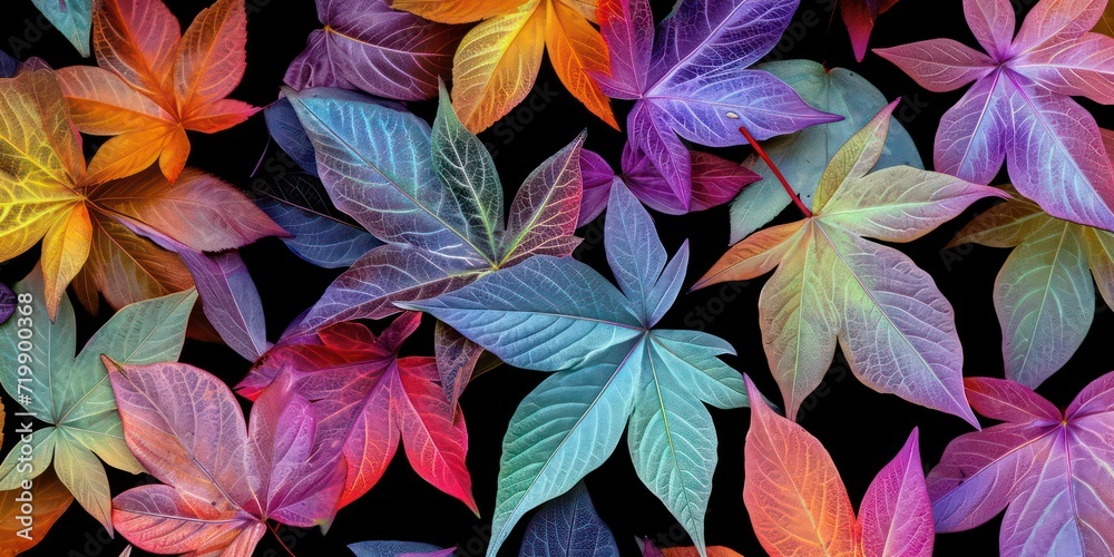 Neon colorful leaves are strewn across a black background.