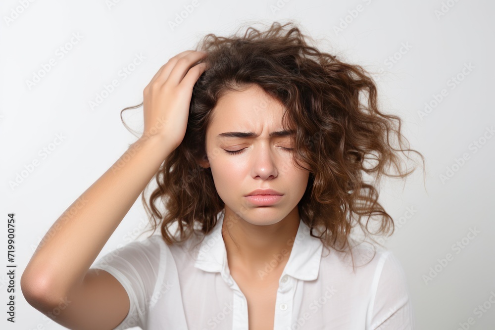 woman feeling unwell, suffering headache, touching temples, squinting from pain and headache,