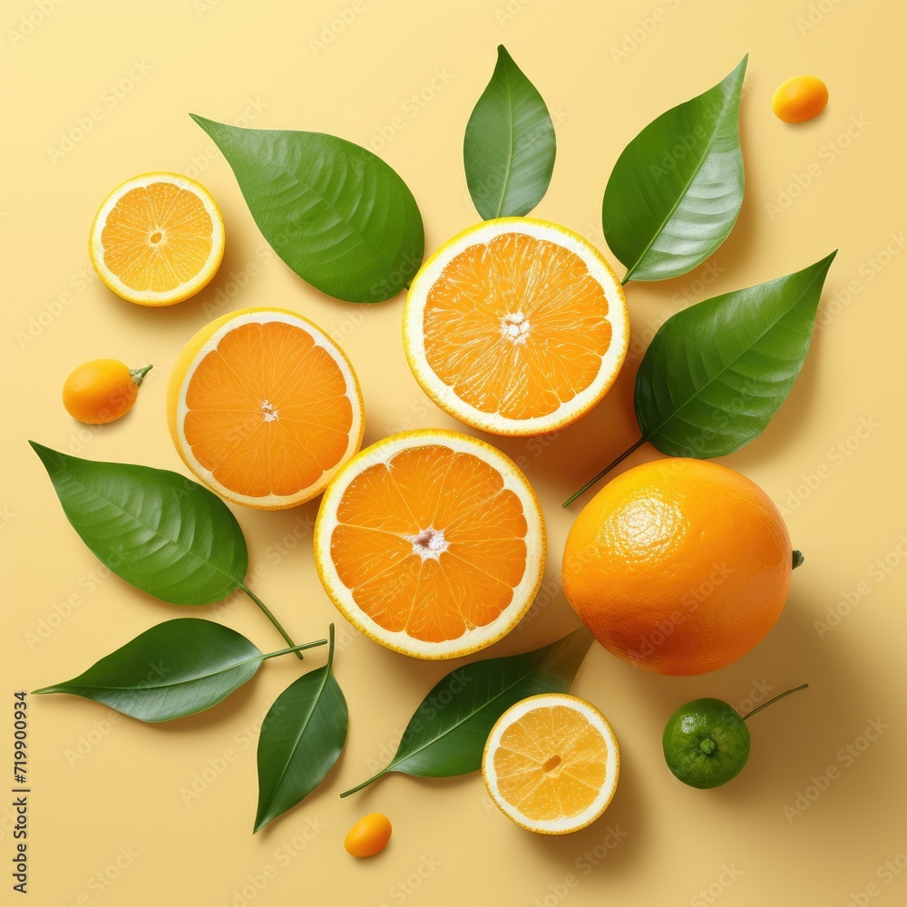 Image of juicy organic whole and halved oranges with leaves, Fresh orange and slice with leaves background, Close up AI generated Image of juicy organic whole and halved oranges with leaves, Fresh orange and slice with leaves background, Close up AI generated