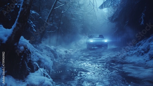 Closeup of a frozen stream surrounded by a misty cool blue light giving off an otherworldly and mystical vibe.