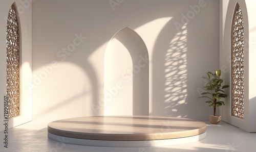 Ramadan Kareem themed stage with two lanterns and an empty podium for displaying festive products or Eid Mubarak greetings © vectoraja