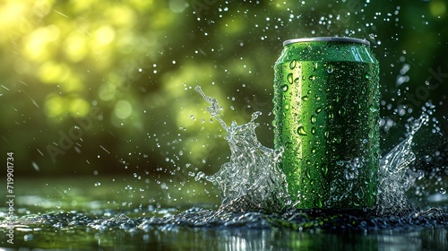 A product image mockup featuring a green soda can and water cascading, space, Generative AI.