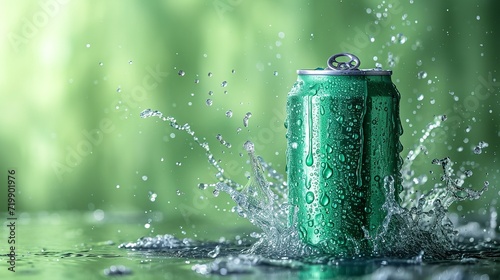 A product image mockup featuring a green soda can and water cascading, space, Generative AI.