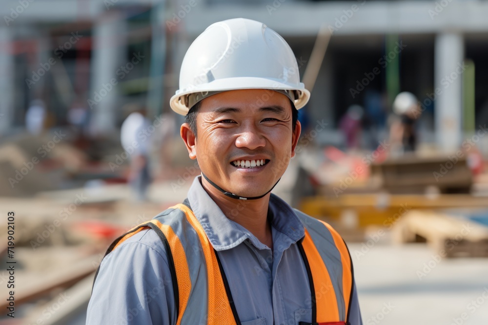 Young Asian worker, smiling looking at camera with blurred construction site. Young Asian worker, smiling looking at camera with blurred construction site.