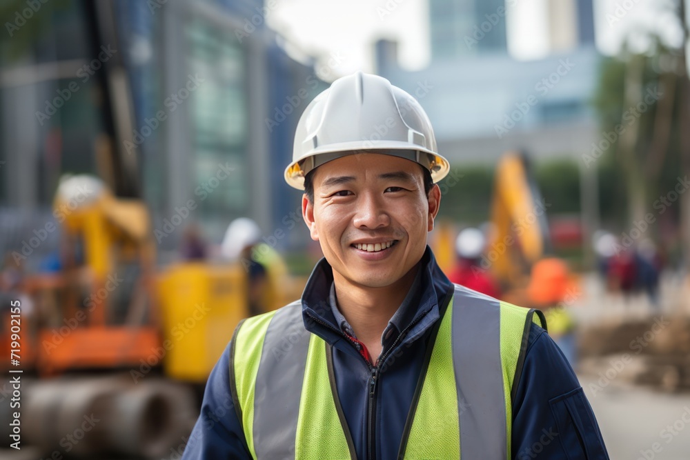 Young Asian worker, smiling looking at camera with blurred construction site. Young Asian worker, smiling looking at camera with blurred construction site.