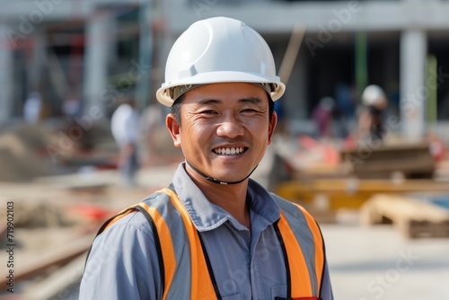 Young Asian worker, smiling looking at camera with blurred construction site. 