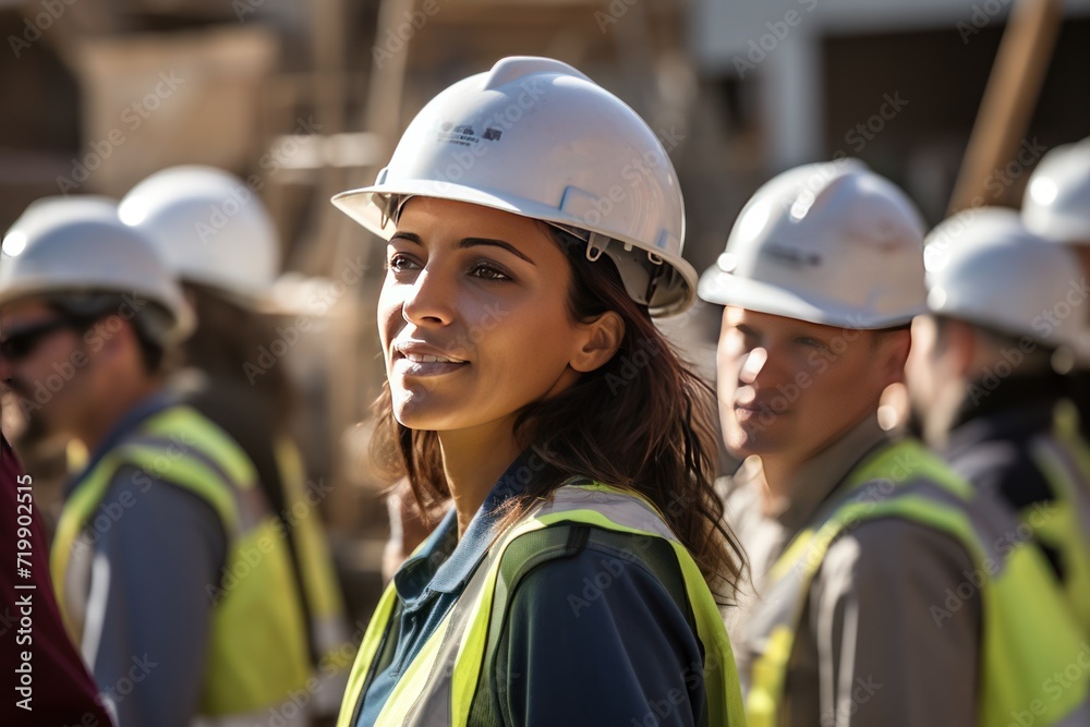 young female architect with construction team 