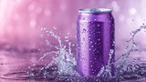 A product image mockup featuring a purple soda can and water cascading, space, Generative AI.
