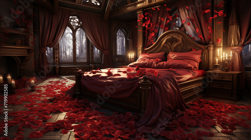 Modern bedroom with bed, lamp and rose petals, Valentine's day special. Created with Ai