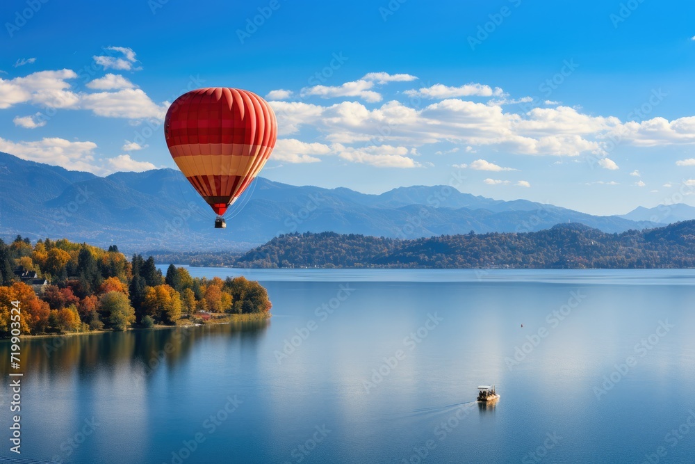 Serene Skies: A Majestic Hot Air Balloon Soars Over the Glistening Lake