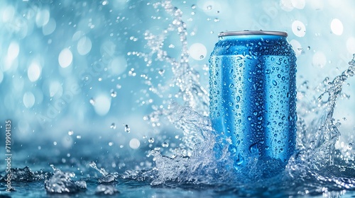 A product pictorial mockup featuring a blue soda can and water cascading, space, Generative AI. photo