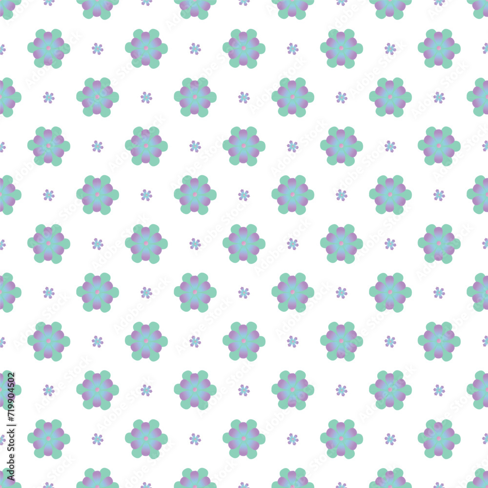 Seamless pattern with purple and green flowers on a white background