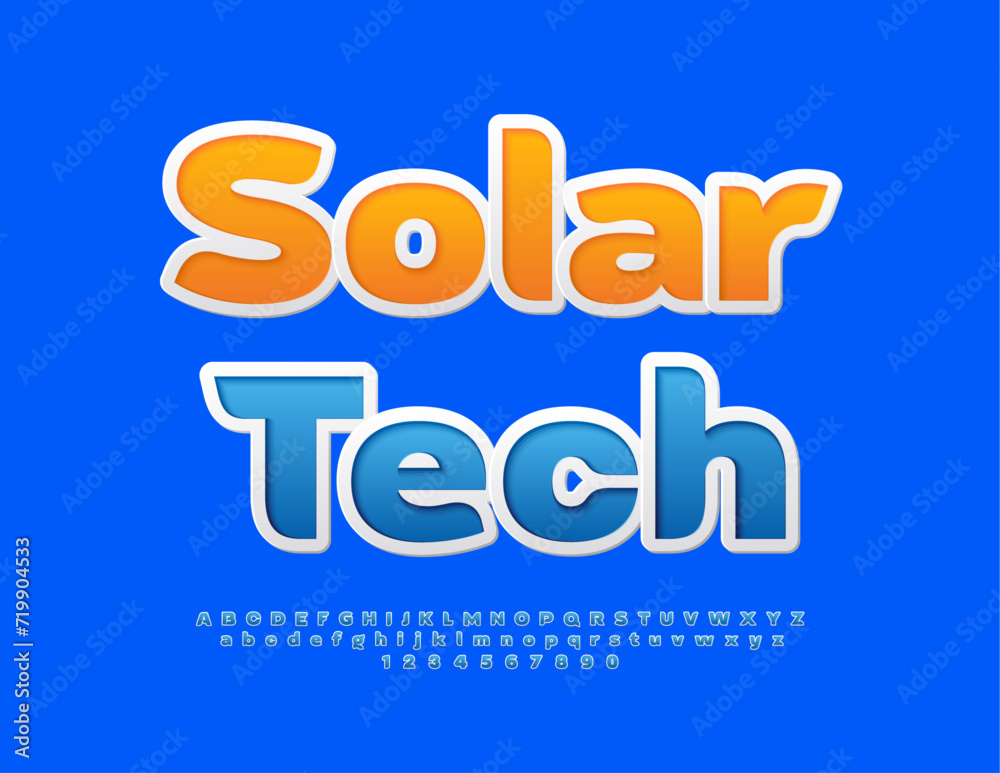 Vector modern logo Solar Tech. Blue sticker Font. Trendy Alphabet Letters and Numbers set.