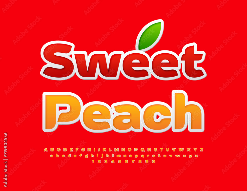 Vector bright template Sweet Peach with decorative Leaf. Orange stylish Font. Uppercase Alphabet Letters an Numbers set. Vector bright template Sweet Peach with decorative Leaf. Orange stylish Font. Uppercase Alphabet Letters an Numbers set.