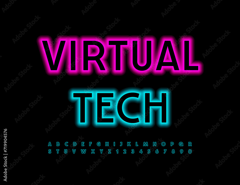 Vector techno poster Virtual Tech. Blue neon Font. Electric set of Alphabet Letters and Numbers.