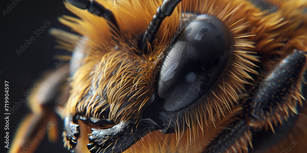 close up of a bee with some eyes and black hair, generative AI close up of a bee with some eyes and black hair, generative AI