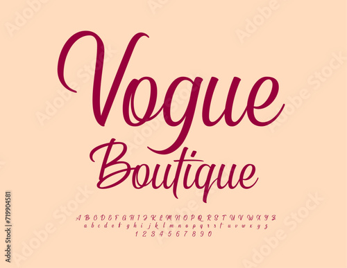Vector stylish banner Vogue Boutique. Elegant calligraphic Font. Cursive Alphabet Letters and Numbers set.