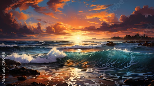 A breathtaking sunset over the cobalt blue ocean  painting the sky with vibrant hues