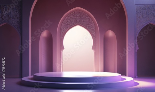 Ramadan Kareem themed stage with two lanterns and an empty podium for displaying festive products or Eid Mubarak greetings