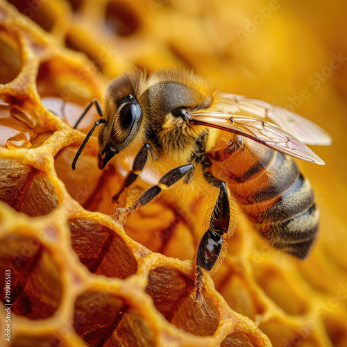 A hexagonal honeycomb, filled with golden honey, hangs from a branch in a buzzing beehive, as bees busily come and go, collecting nectar from colorful flowers, Metallic light © Cheetose