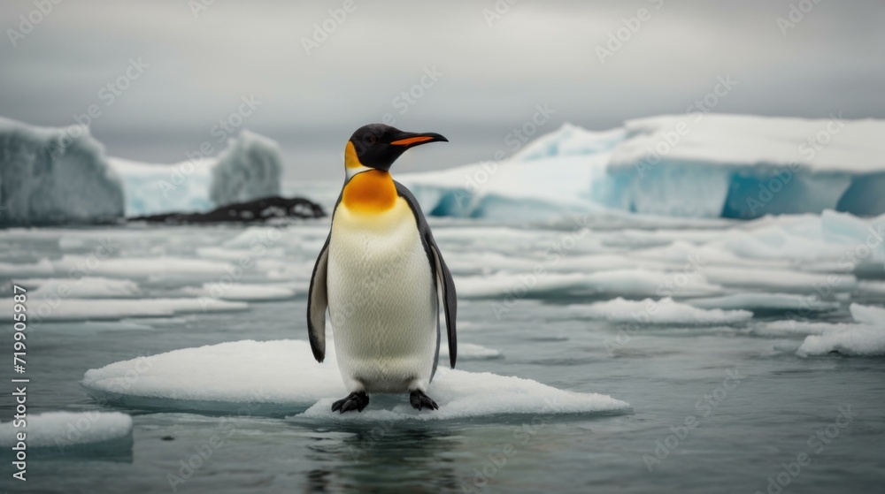 Obraz premium King penguin standing on ice floes in Antarctica. Generative AI.