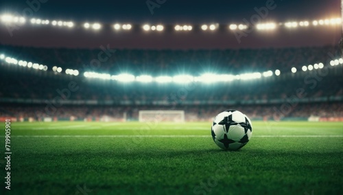Soccer ball on grass in stadium at night. Generative AI.