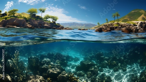 A breathtaking view of a cobalt blue ocean, with vibrant coral reefs visible through the crystal-clear water