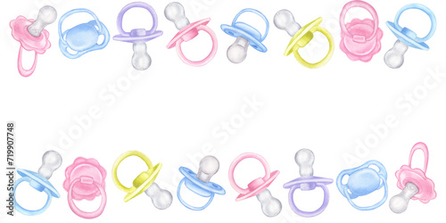 Baby pacifier dummy frame banner, boy girl. Pink blue violet green. Hand drawn watercolor illustration isolated on white background. Collection to newborn, baby shower, gender reveal party