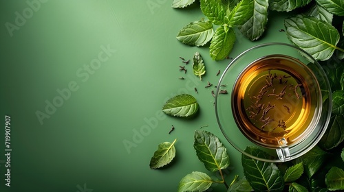 A transparent cup of fresh tea featuring peppermint stems on a green backdrop, space, Generative AI.