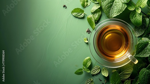 A transparent cup of fresh tea featuring peppermint stems on a green backdrop, space, Generative AI. photo