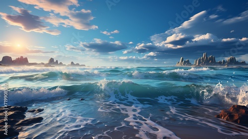 A breathtaking view of a cobalt blue ocean stretching to the horizon, with gentle waves lapping against the shore © Adobe