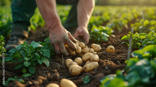 An agriculturalist gathers potatoes from the earth's surface, big copy space, Generative AI.
