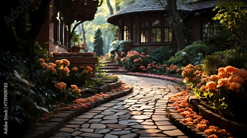 A brick pathway winding through a garden, capturing the solid texture of the laid bricks