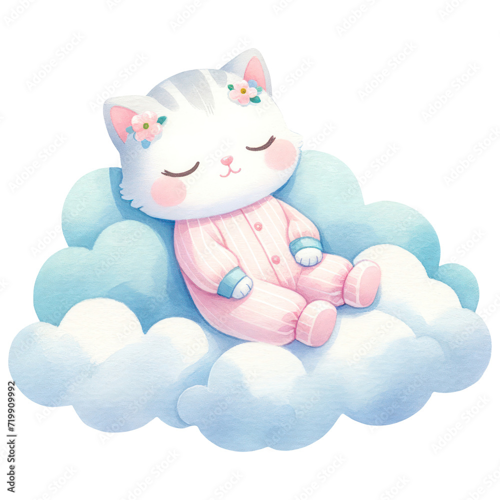 Cute Cat Sleeping on the Cloud, Watercolor, Happy Animal For Baby Newborn, Isolated on Transparent Background. Generative AI