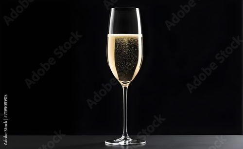 A champagne glass on a simple black background, Valentine's Day, Christmas. Generative AI