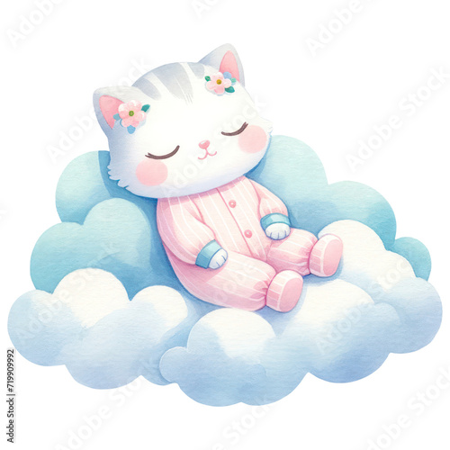 Cute Cat Sleeping on the Cloud, Watercolor, Happy Animal For Baby Newborn, Isolated on Transparent Background. Generative AI