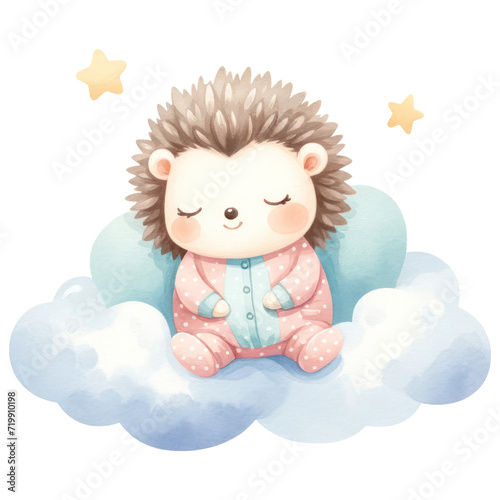 Cute Hedgehog Sleeping on the Cloud, Watercolor, Happy Animal For Baby Newborn, Isolated on Transparent Background. Generative AI
