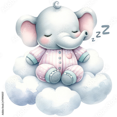 Cute Elephant Sleeping on the Cloud, Watercolor, Happy Animal For Baby Newborn, Isolated on Transparent Background. Generative AI