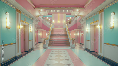 Grand Staircase in Luxurious Art Deco Interior with Pastel Colors