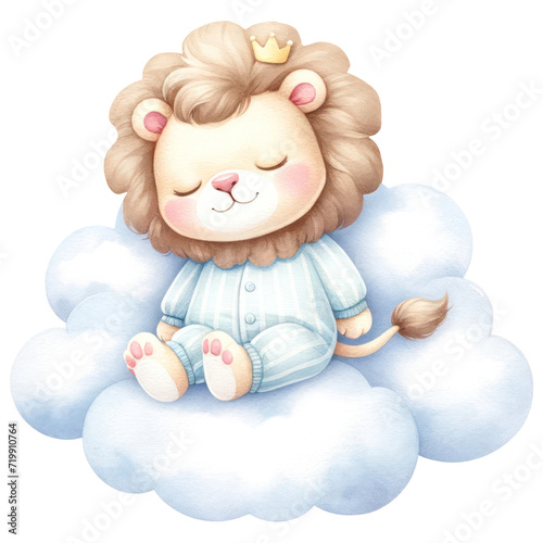 Cute Lion Sleeping on the Cloud, Watercolor, Happy Animal For Baby Newborn, Isolated on Transparent Background. Generative AI