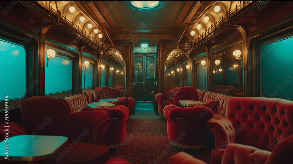 Luxurious Vintage Train Lounge with Plush Red Armchairs