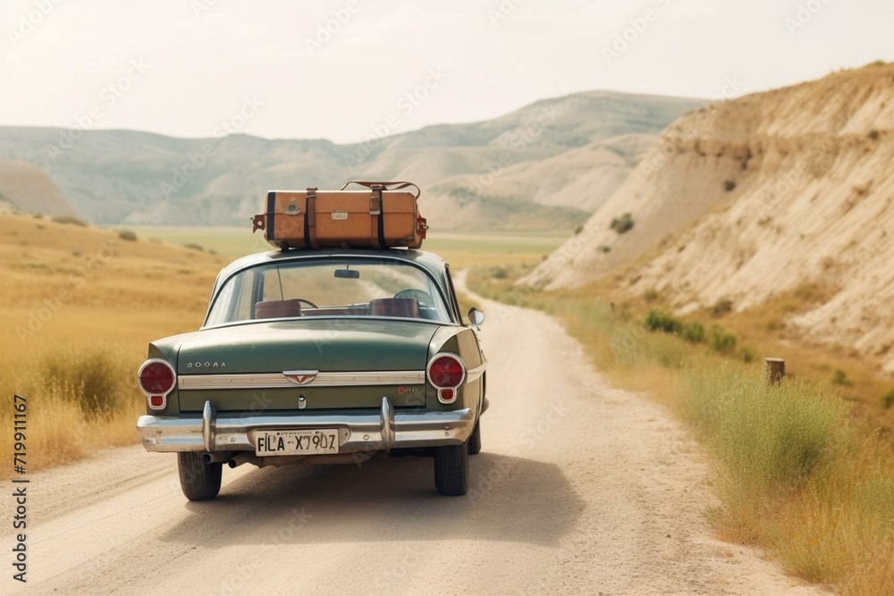 Rustic car carrying luggage cruising through a scenic land. Generative AI