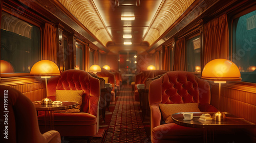 Opulent Vintage Train Lounge with Plush Seating and Golden Light