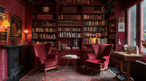 Victorian Study Room with Red Walls and Antique Furnishings